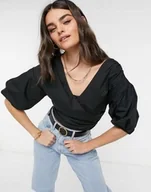 Koszule damskie - Czarna Koszula Krótka Damska z Dekoltem 46 Dug - miniaturka - grafika 1