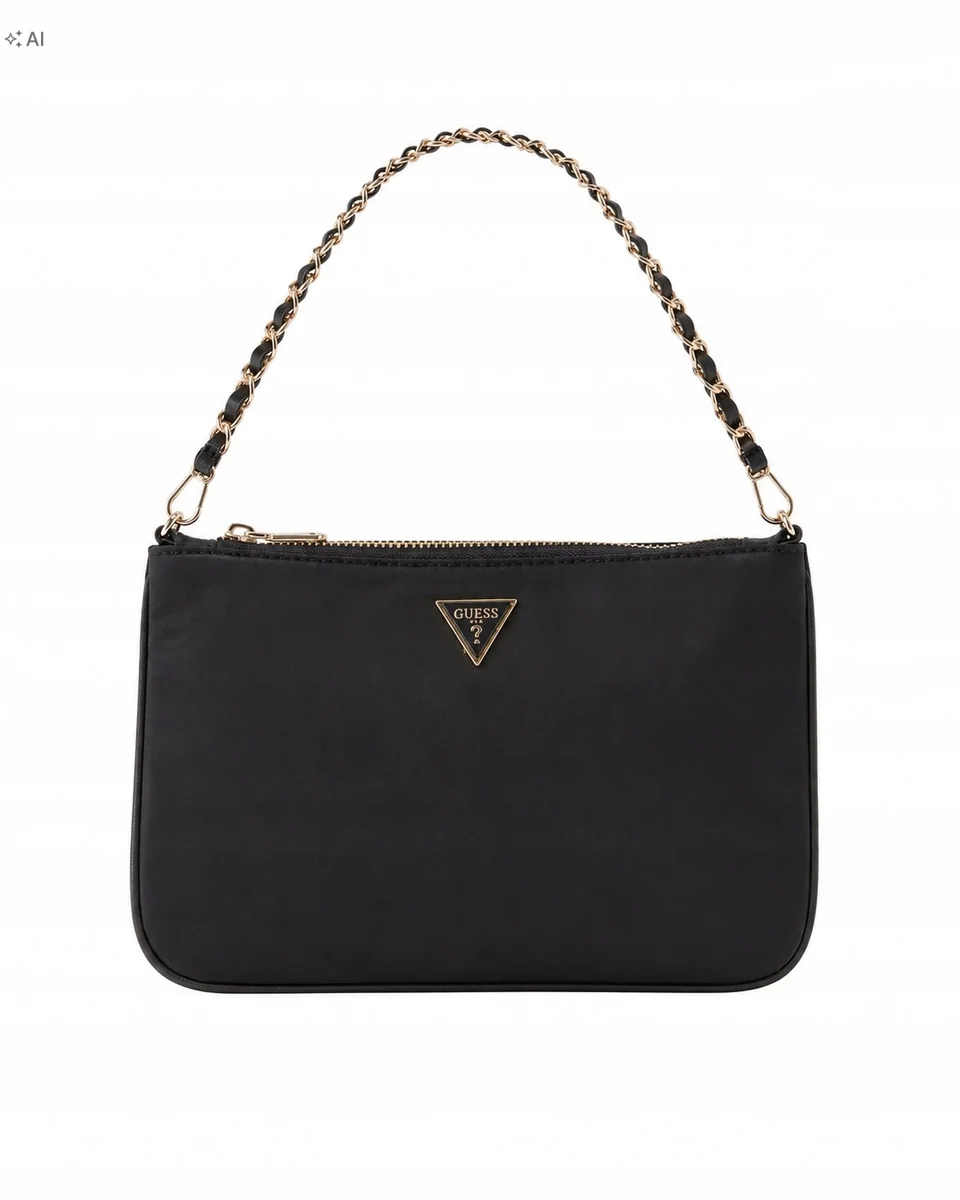GUESS Flat Pouch Torebka Damska Czarna Złoty Łańcuszek Elegancka