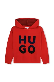 Bluzy dla dziewczynek - HUGO bluza dziecięca kolor czerwony z kapturem z nadrukiem - Hugo - grafika 1