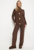 Komplety damskie - Brązowy Komplet Dzianinowy z Wiskozą Kardigan i Szerokie Spodnie Badire - miniaturka - grafika 1