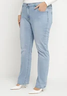 Spodnie damskie - Jasnoniebieskie Jeansy z Bawełną i Wysokim Stanem o Dopasowanym Kroju z Przetarciami Vinnalia - miniaturka - grafika 1