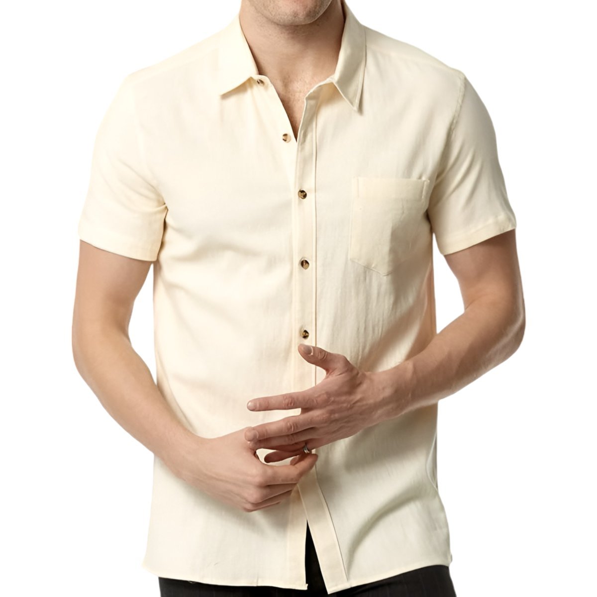 Męska Koszula Krótki Rękaw Casual Slim FIt Bawełniana Dopasowana Beżowa M