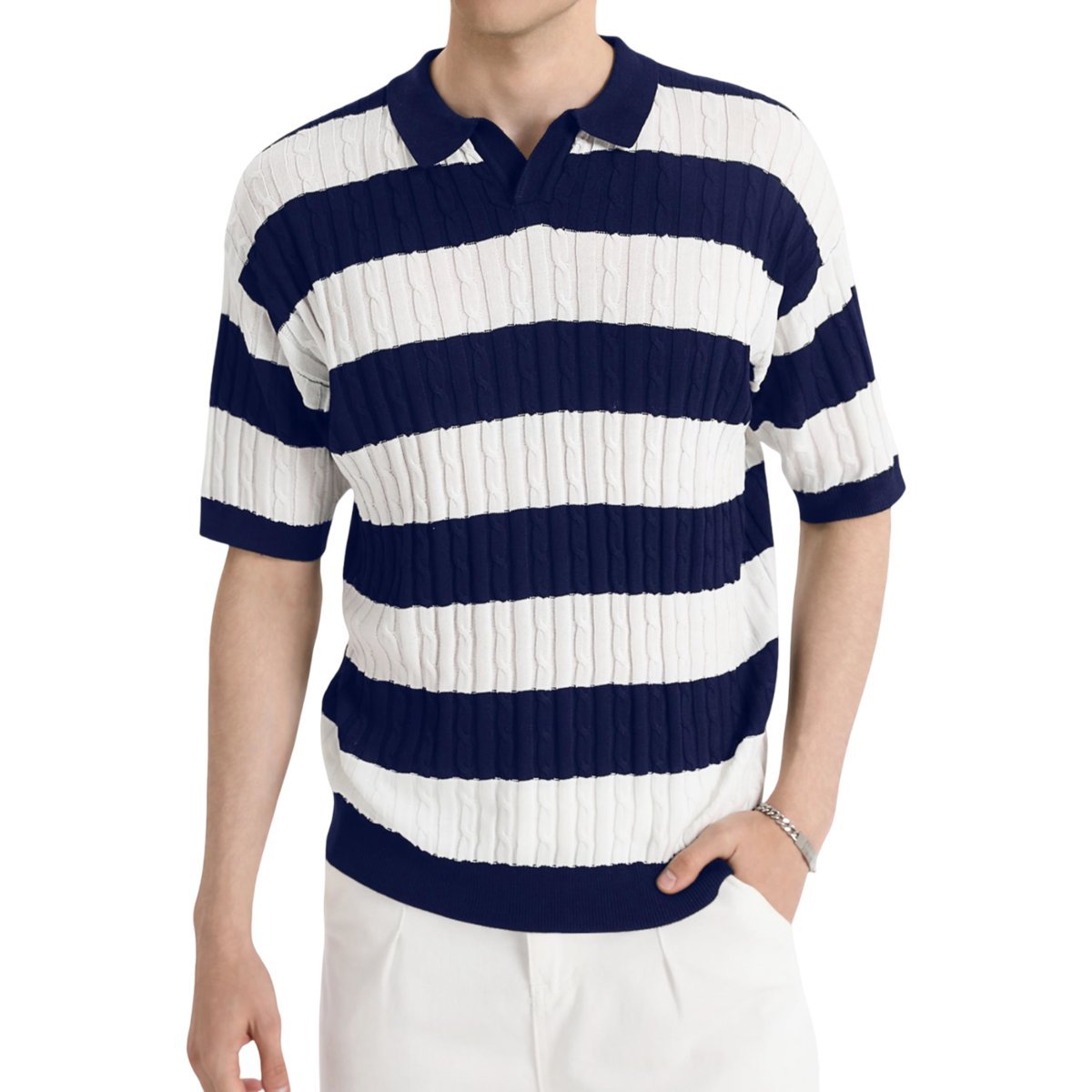 HYPESTFIT Męska Koszulka Polo Krótki Rękaw Elegancka w Paski Granatowa XL