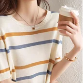 Swetry damskie - TEMU Damski casualowy, paskowany, krótki rękaw, pulower - Beżowy, niebieski i brązowy kolorowy blok, okrągły dekolt, top na każdą porę roku, wygodny - miniaturka - grafika 1