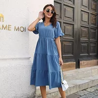 Sukienki - Clotth Damska sukienka Falbala z krótkim rękawem, dekolt w serek, warstwowa, duża spódnica swingowa, szyfonowa, letnia sukienka, Blue-m, M - miniaturka - grafika 1