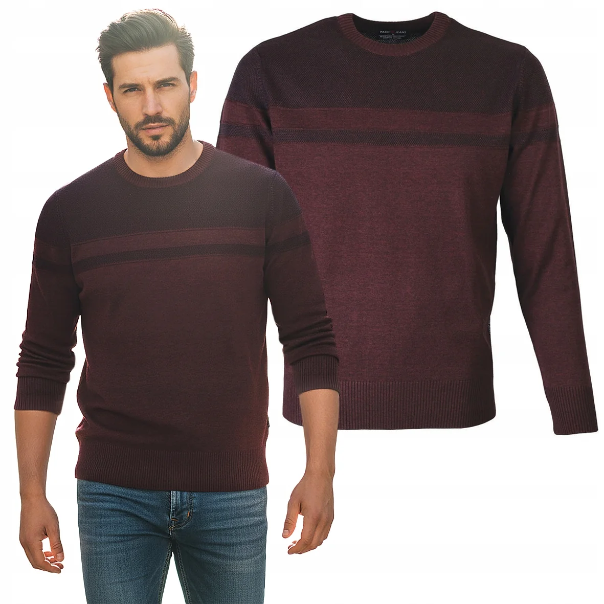 Elegancki SWETER Męski BORDOWY Klasyczny Bawełniany SOLID M Pako Jeans