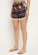 Spodenki damskie - Czarno-Czerwone Bawełniane Szorty z Gumką w Pasie Ozdobione Frędzlami Marnesta - miniaturka - grafika 1