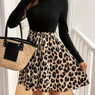 TEMU Elegancka Sukienka w Lamparcie Wzory dla Kobiet z Prﾄ�ﾅｼkowanym Czarnym i Paskiem w Talii - Stylowa Jesieﾅ�/ Casualowa Sukienka na Wakacje, - Sukienki - miniaturka - grafika 1