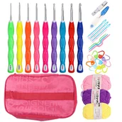 Pasmanteria - Zestaw do szydełkowania 33 el. włóczka szydełka znaczniki igły etui - miniaturka - grafika 1