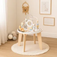 Zabawki interaktywne dla dzieci - Drewniany stolik edukacyjny 2w1 interaktywny, manipulacyjny - labirynt i tor z pojazdami - miniaturka - grafika 1