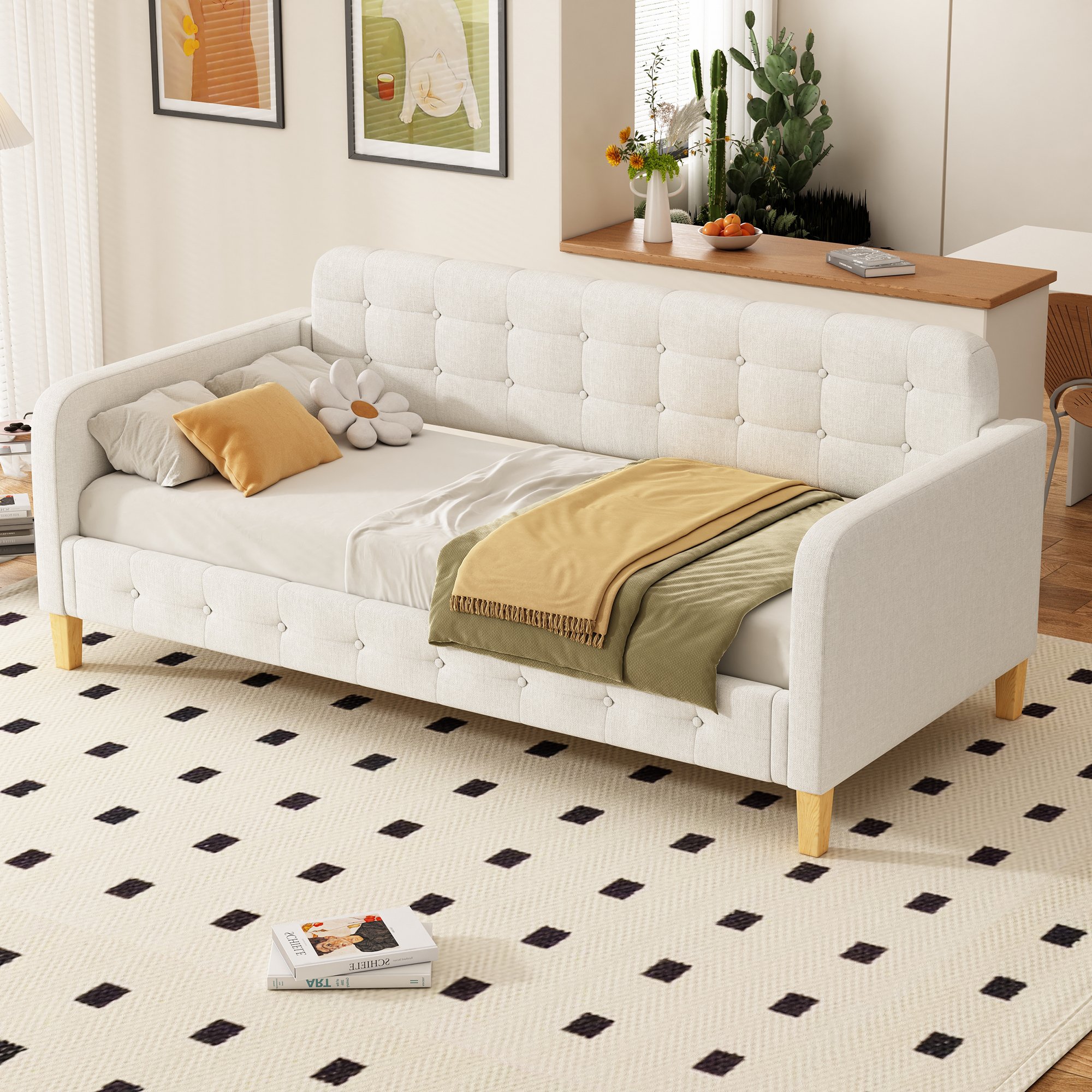 Flieks sofa rozkładana 90x200cm z podłokietnikami, łóżko dzienne tapicerowane z ramą z listew, sofa rozkładana łóżko gościnne z drewnianymi nogami, klasyczna pościel, beżowy