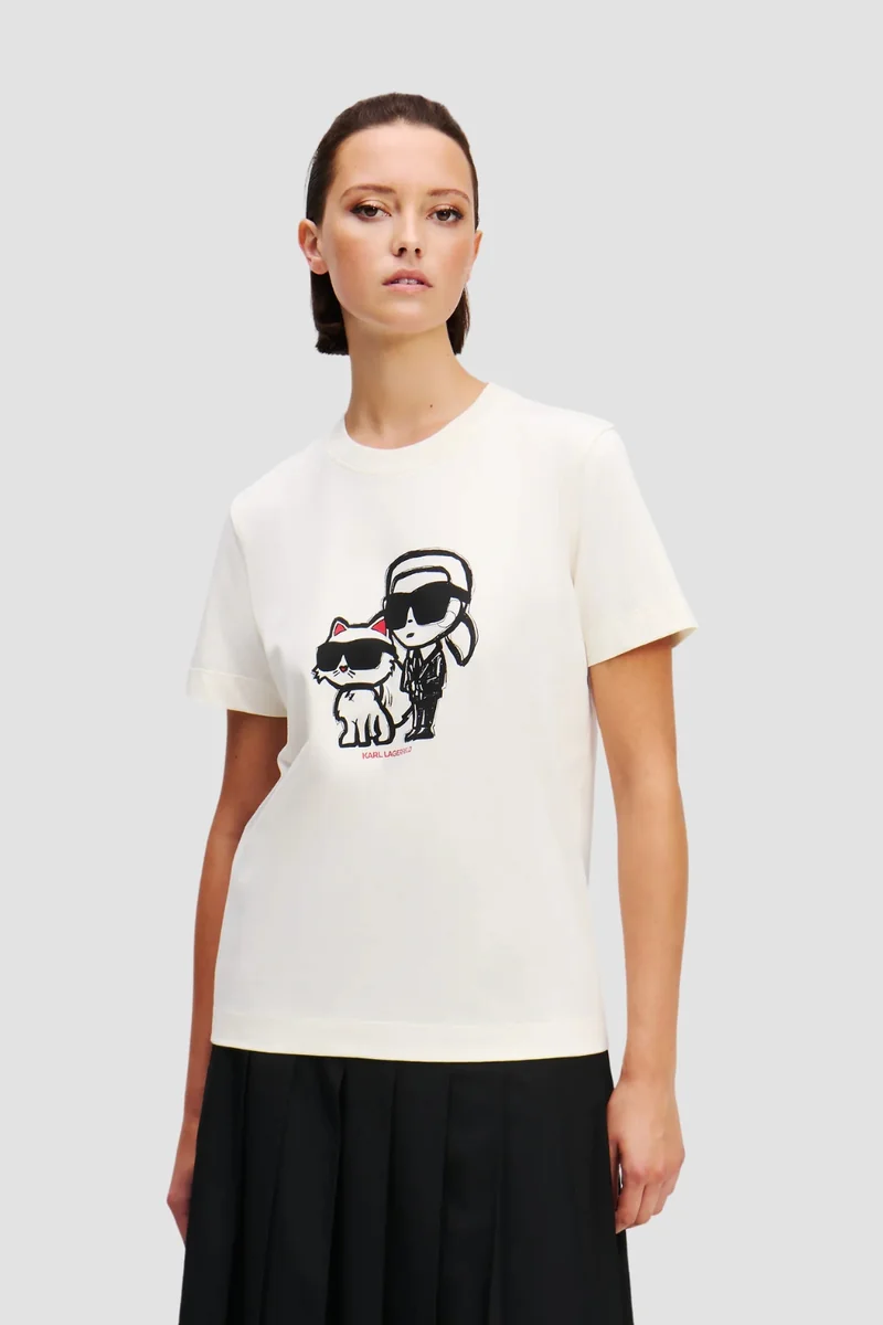 KARL LAGERFELD Beżowy damski t-shirt Ikon Sketch Duo M