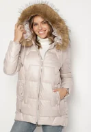 Kurtki damskie - Beżowa Pikowana Kurtka z Kapturem z Odpinanym Futerkiem Galiara - miniaturka - grafika 1