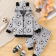 Dresy i komplety dla chłopców - TEMU Jesienno-Zimowa Gruba Pluszowa Odzież dla Noworodków, Uroczy z Kapturem i Długim Rękawem w Wzór Piłkarski + Spodenki z Motywem Futbolowym 2 - miniaturka - grafika 1