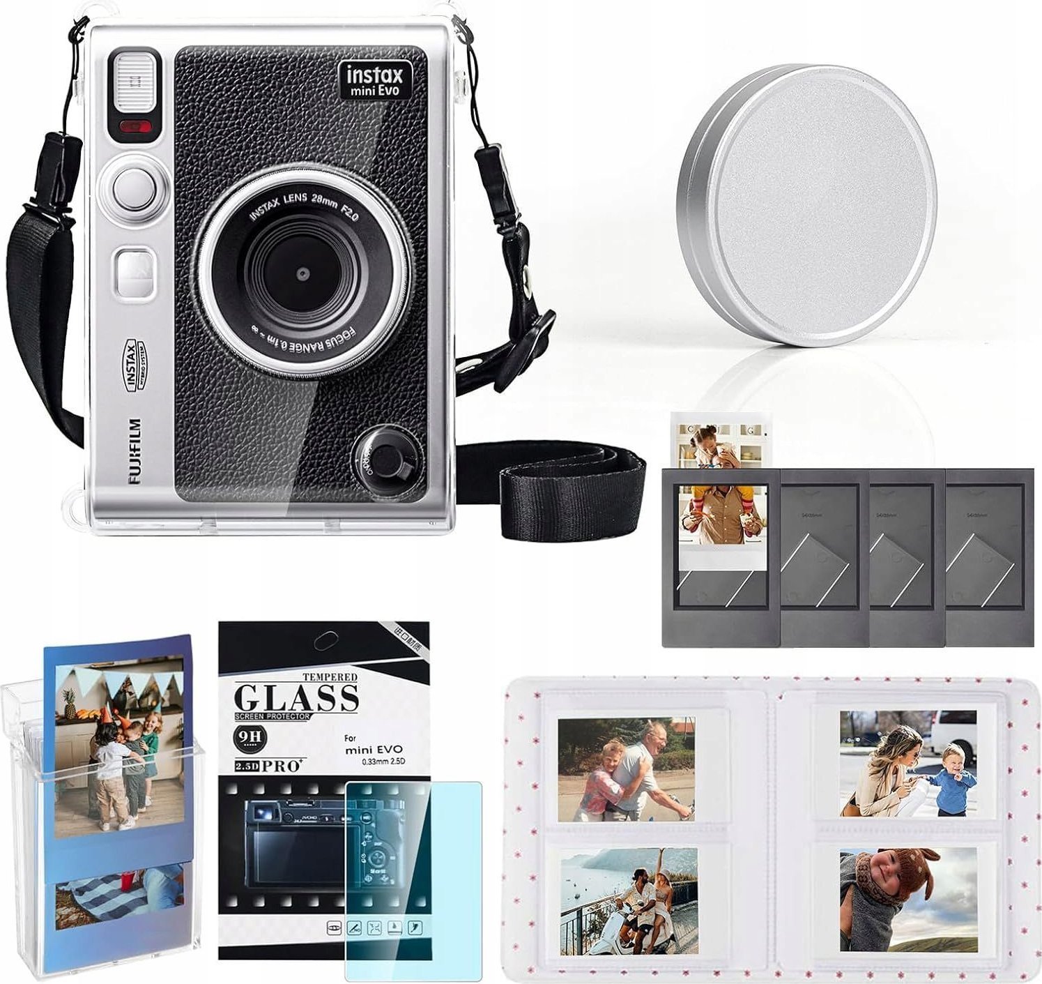 Zestaw 6w1 Futerał Etui + Szkło + Album 64x + Dekielek + Ramki Fuji Instax Mini Evo - Przezroczysty