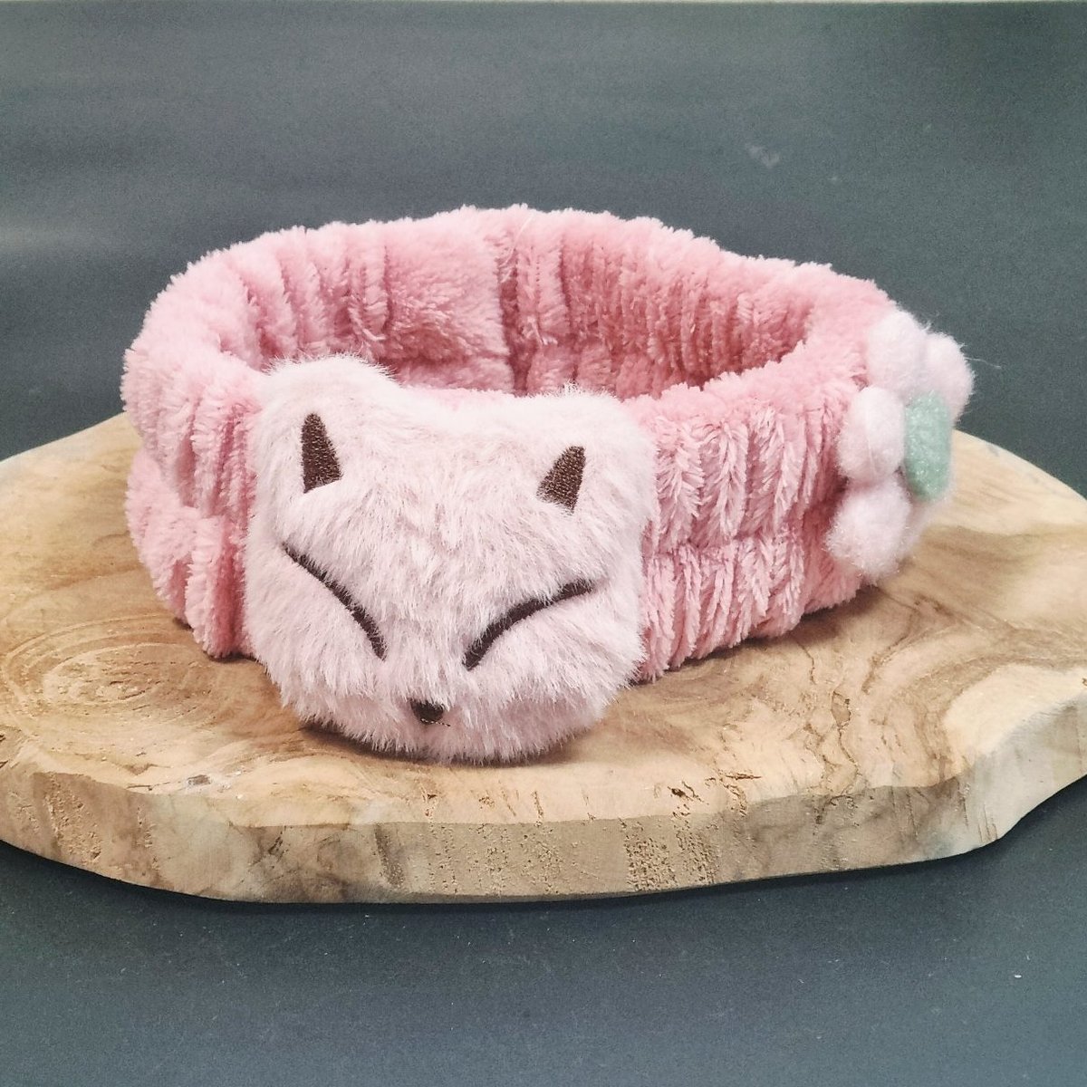 Opaska kosmetyczna miękka frotte lisek z kwiatkiem ciemny róż