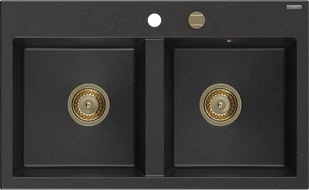 Mexen Hektor zlewozmywak granitowy 2-komorowy 800 x 490 mm, czarny/srebrny metalik, syfon złoty - 6521802000-73-G - Zlewozmywaki - miniaturka - grafika 1