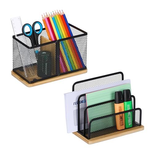 Relaxdays Biurko zestaw 2-częściowy, metalowy, stojak na listy i pojemnik na długopisy, organizer biurowy, bambus, czarny/naturalny