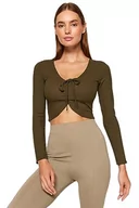Body - Trendyol Damska bluzka slim bodycon z dekoltem w serek, Ciemne khaki, XS - miniaturka - grafika 1