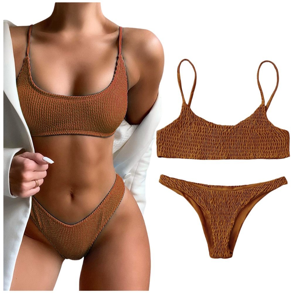 STRÓJ KĄPIELOWY DWUCZĘŚCIOWY BIKINI MOCNO WYCIĘTE KHAKI SEXY DO OPALANIA M