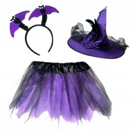 Dodatki do strojów karnawałowych - STRÓJ CZAROWNICA WIEDŹMA OPASKA NIETOPERZ KAPELUSZ FIOLET SPÓDNICZKA TUTU - miniaturka - grafika 1