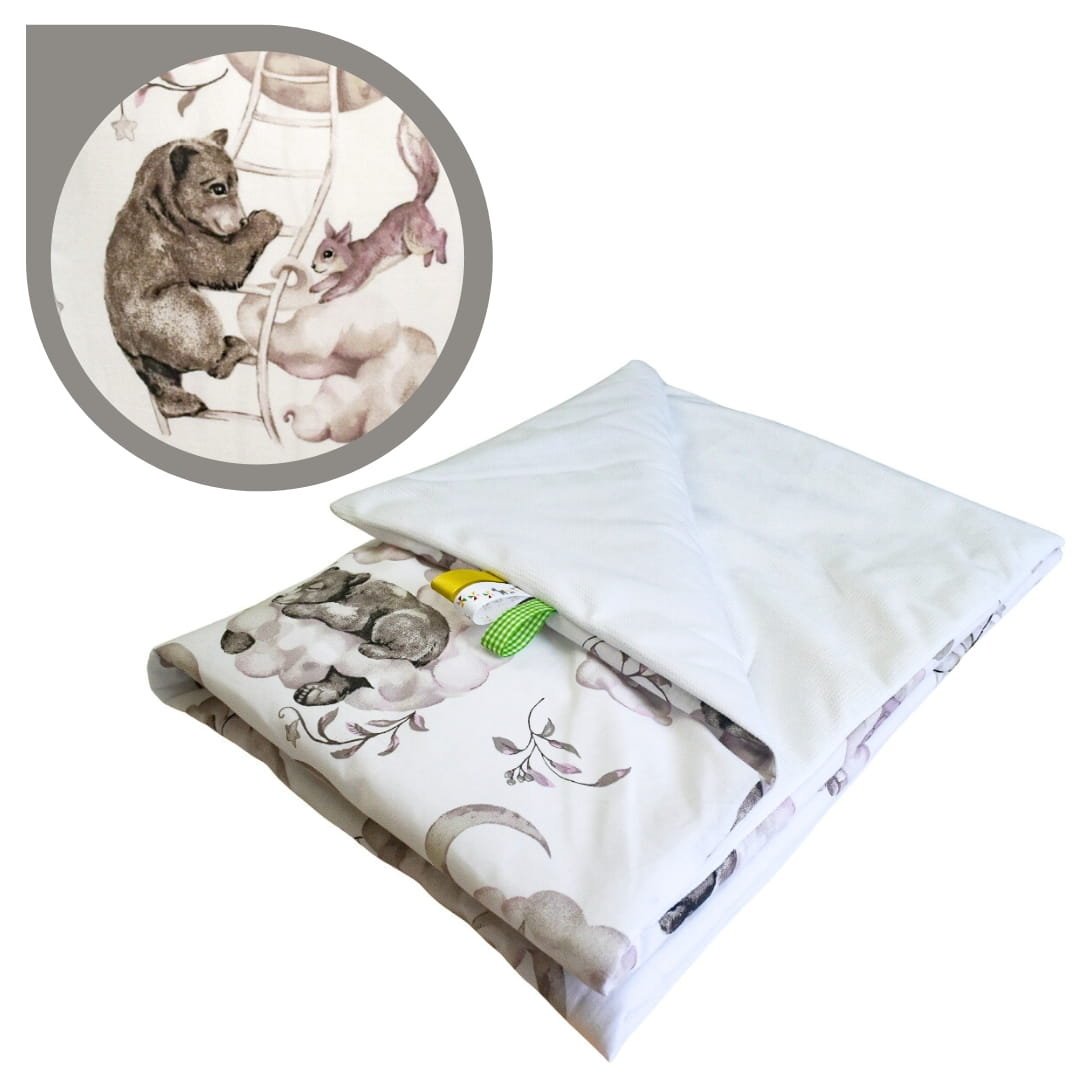 Kocyk Dziecięcy 75x100 Letni Misie Na Drabince/Biel Bawełna/Velvet Polski Producent