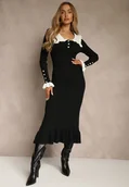 Sukienki - Czarna Sukienka Retro z Dzianiny z Wiskozą Zdobiona Kołnierzykiem Zihanne - Renee - miniaturka - grafika 1