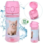 Shakery i bidony sportowe - Słodki kotek Różowa BUTELKA NA WODĘ z ustnikiem, TRITANOWY BIDON SZKOLNY dla dziewczynki 450ml - miniaturka - grafika 1