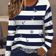 Bluzki damskie - TEMU Damska koszulka w paski w stylu marynistycznym - granatowo-biała, z poziomymi paskami, motywem kotwicy i statku, oddychająca bluzka z długim - miniaturka - grafika 1