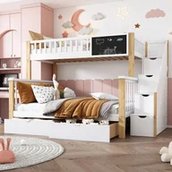 Łóżka dla dzieci i młodzieży - Łóżko piętrowe Flieks ze schodami, łóżko dziecięce 90x200cm/140x200cm z ramą z listew, łóżko na poddaszu z zabezpieczeniem przed wypadnięciem, łóżko z litego drewna z szufladami, N - miniaturka - grafika 1