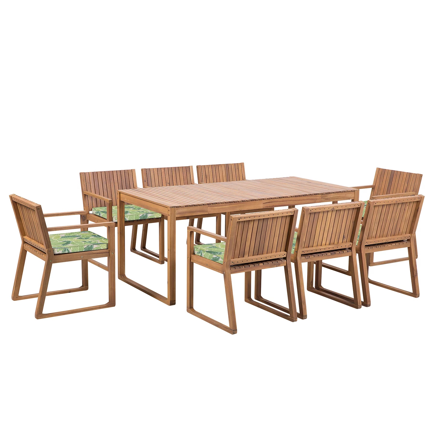 Beliani Zestaw ogrodowy drewniany stół i 8 krzeseł z poduszkami w liście zielo