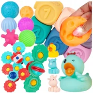 Zabawki sensoryczne - MIĘKKIE KLOCKI SENSORYCZNE GRYZAKI bezpieczne + ZESTAW SPINNERÓW GRZECHOTKI - miniaturka - grafika 1