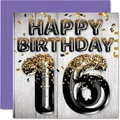 Kartki okolicznościowe i zaproszenia - Kartka na 16. urodziny dla chłopców - czarne i złote brokatowe balony - kartki urodzinowe dla 16-letniego chłopca, syna, brata, wnuka, kuzyna, 145 mm x 145 mm kartki z życzeniami na szesnaste urodziny - miniaturka - grafika 1