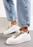 Moda i Uroda OUTLET - Złote Sneakersy z Metaliczną Ozdobą z Cyrkoniami przy Sznurówkach Awenttes - miniaturka - grafika 1