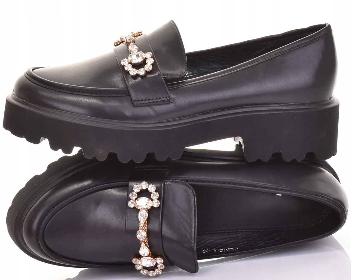 PÓŁBUTY DAMSKIE MOKASYNY LOAFERSY EKOSKÓRA MODNE WYGODNE BUTY czarne, rozmiar 40, obcas 4 cm, wkładka 25 cm