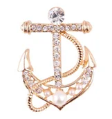 Broszki - Broszka ozdobna kotwica z kryształkami i perłami - miniaturka - grafika 1