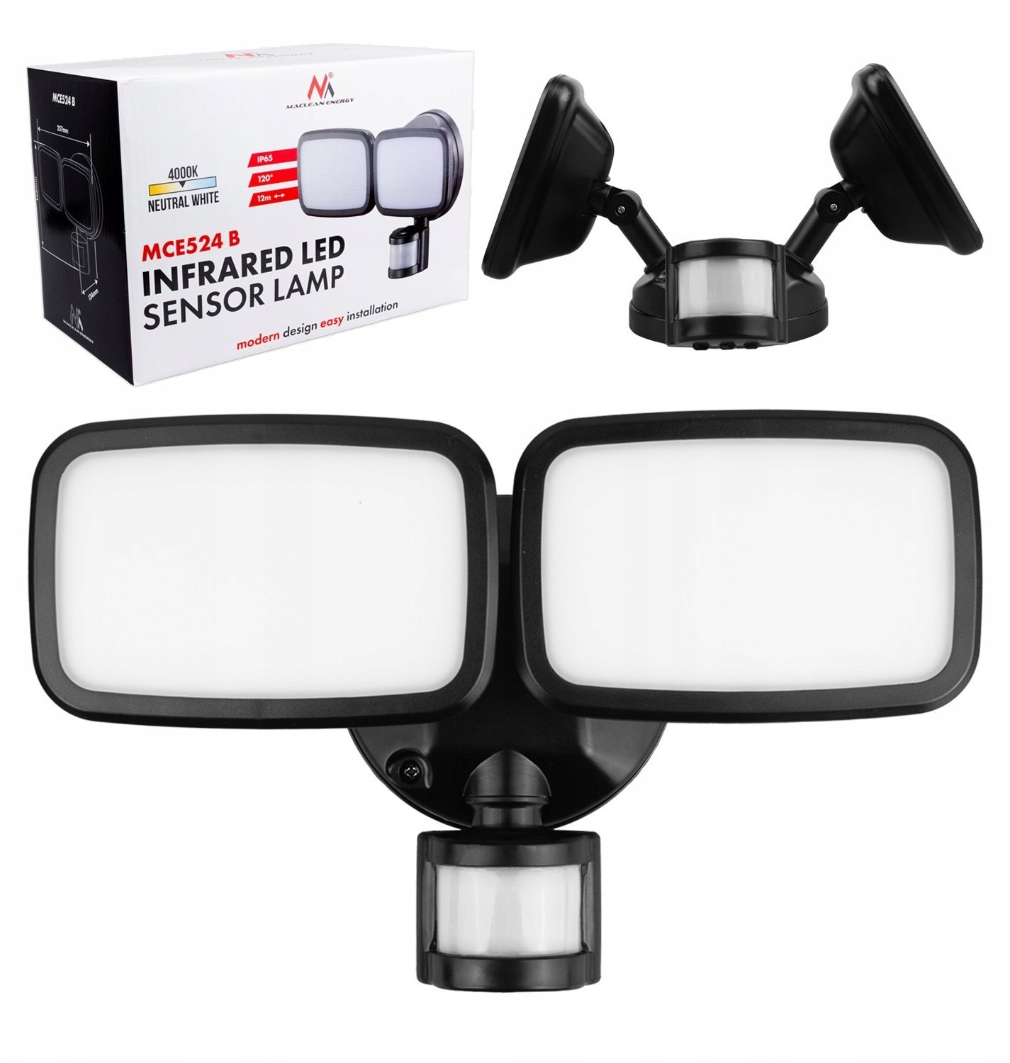 Maclean Ścienna lampa LED z czujnikiem PIR, 20W, 1500lm, IP65, neutral white 4000K, czarna, MCE524 B