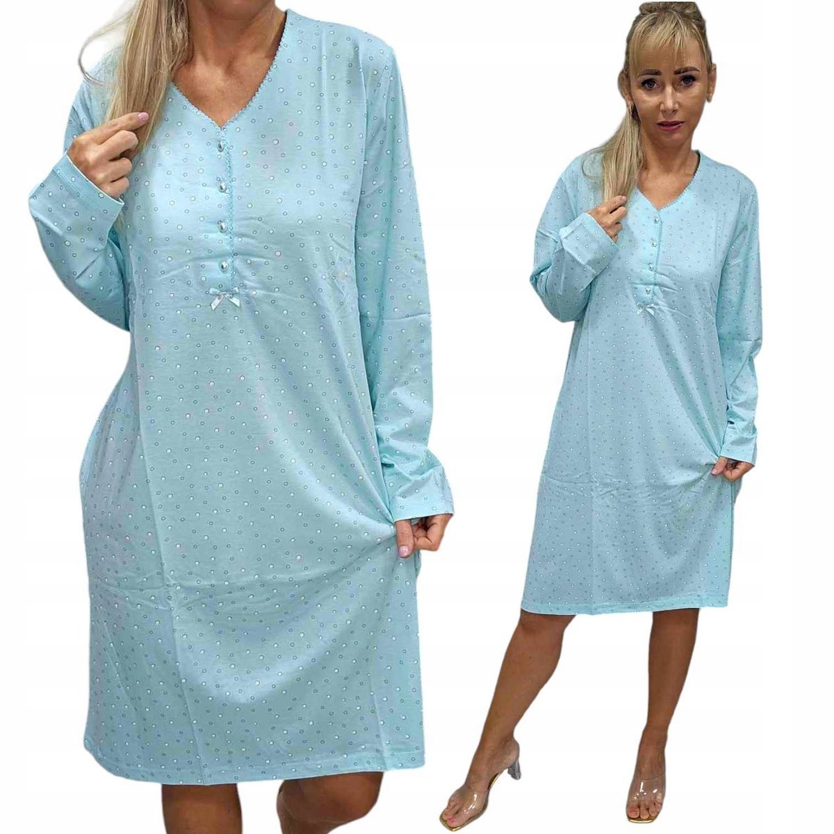 KOSZULA NOCNA BASII ROZPINANA BAWEŁNA długi rękaw Mięta 54 56 3xl 4xl