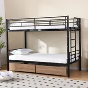 Łóżka dla dzieci i młodzieży - Łóżko piętrowe dla 2 dzieci 90x200cm z 2 szufladami, barierką zabezpieczającą, metalową ramą, rozkładane na 2 pojedyncze łóżka, czarne - miniaturka - grafika 1