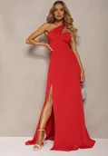 Sukienki - Czerwona Sukienka o Rozkloszowanym Kroju na Jedno Ramię z Głębokim Rozcięciem Efiela - miniaturka - grafika 1