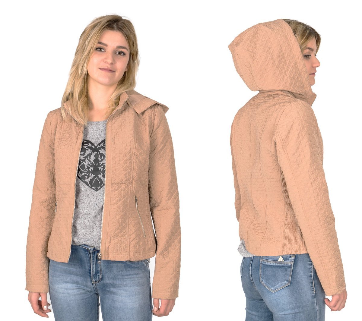 Pikowana Kurtka Damska z Kapturem 40137 r XL camel