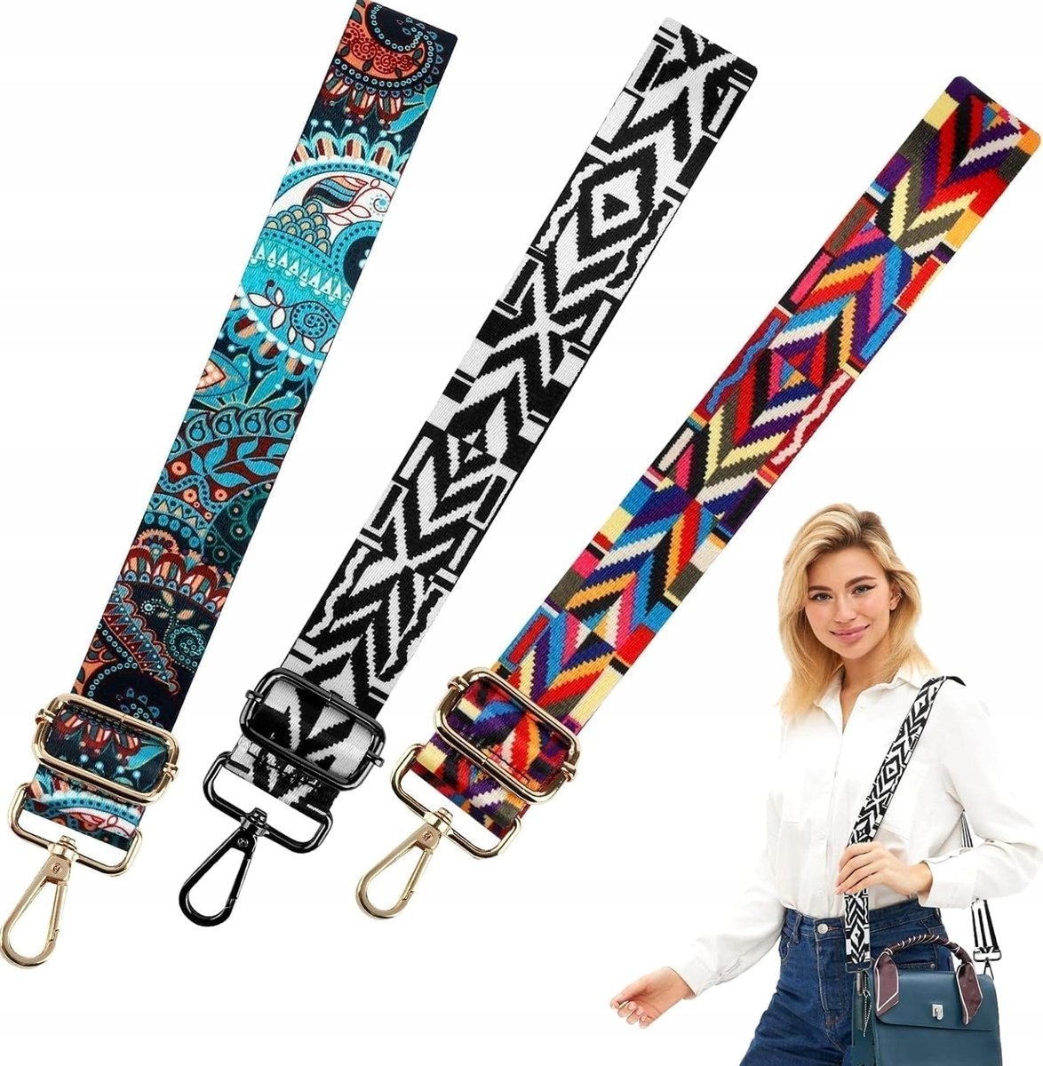 PASEK 3SZT 135CM 38MM NA RAMIĘ TORBY MULTIKOLOR REGULOWANY NYLONOWY BOHO