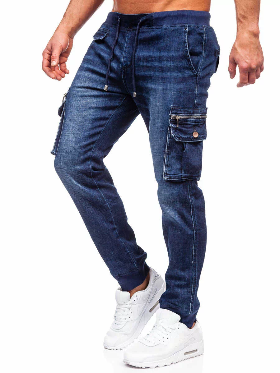 Granatowe spodnie jeansowe joggery bojówki męskie Denley MP0108BS
