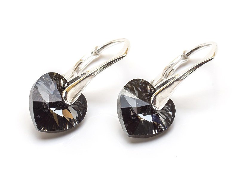 Srebrne Kolczyki 925 Z Kryształami Swarovski Serca 10Mm Silver Night