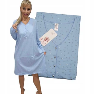 KOSZULA NOCNA BASII ROZPINANA BAWEŁNA długi rękaw Błękit 50 52 2xl 3xl - Bielizna nocna - miniaturka - grafika 1