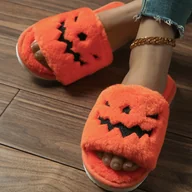 Kapcie damskie - TEMU Kobiece Pluszowe Kapcie z Puchem w Kształcie Dyni na EVA – i Wygodne Domowe Buty do Wnętrza, Czarne z Czerwonymi Akcentami, Miękka Tkanina do - miniaturka - grafika 1