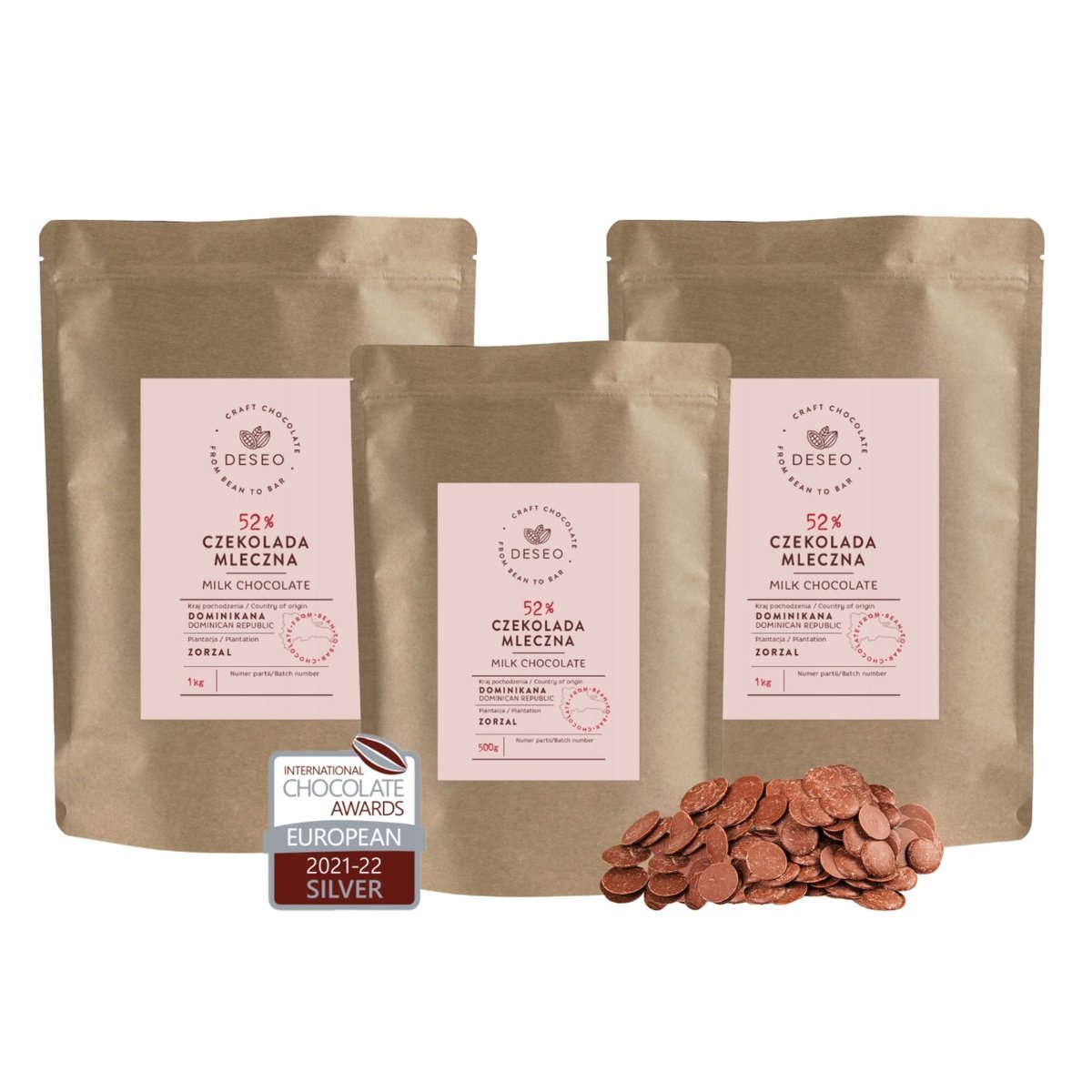 DROPSY CZEKOLADA MLECZNA DESEO DOMINIKANA 52% POLEWA 2,5KG (2x1kg + 500g)