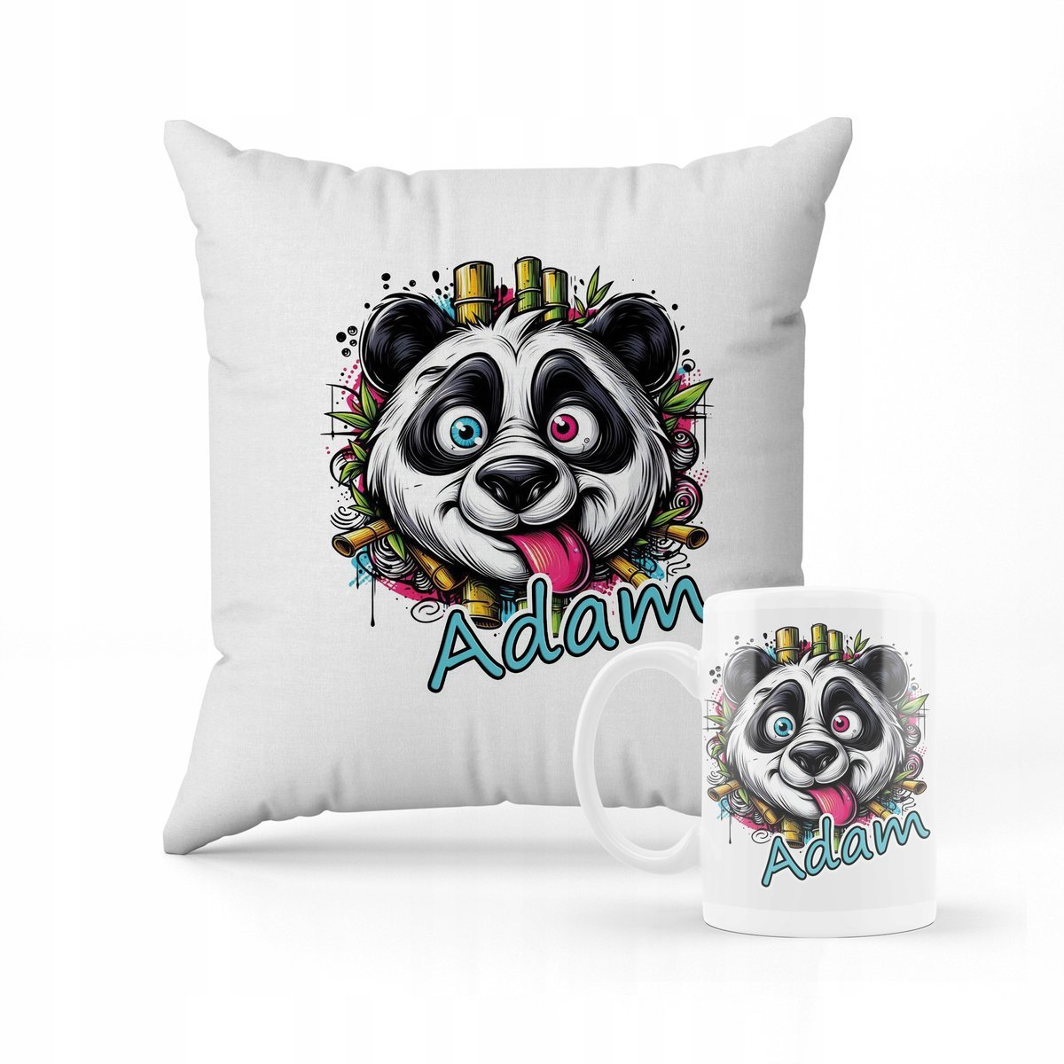 ZESTAW PODUSZKA + KUBEK Prezent słodka panda + IMIĘ