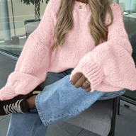 Swetry damskie - TEMU Elegancki sweter damski z długim rękawem - Miękki różowy pulower z prążkowanymi mankietami, przytulny sweter na jesień/zimę do noszenia na co - miniaturka - grafika 1