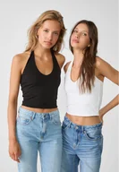 Koszulki i topy damskie - Stradivarius Komplet 2 krótkich topów z dekoltem halter Biały L - miniaturka - grafika 1